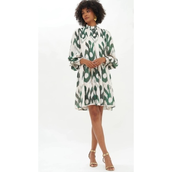 Oliphant Dresses & Skirts - Oliphant Smocked Neck Mini Dress in Chitka Forest Green Cream Balloon Sleeve